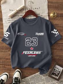 Teenage Girls' Racing Style Print Short Sleeve T-Shirt, Soft Round Neck Tee, Versatile Summer New Arrival Top - Dark Grey - View 3