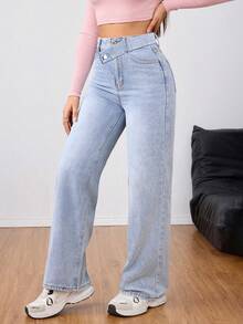 Quần jeans ống đứng dáng rộng thoải mái dành cho nữ cỡ lớn, không co giãn, thoải mái và vừa vặn, thích hợp cho mùa xuân. - Rửa nhẹ - Xem 4