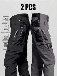 2Pcs Men's Solid & Camo Print Pockets Zipper Waterproof Tactical Cargo Pants Without Belt, Regular Fit Sporty Pockets Durability Trousers For Fall, Wear-Resistant Outdoor Training Pant For Men - Black+Grey - View 1