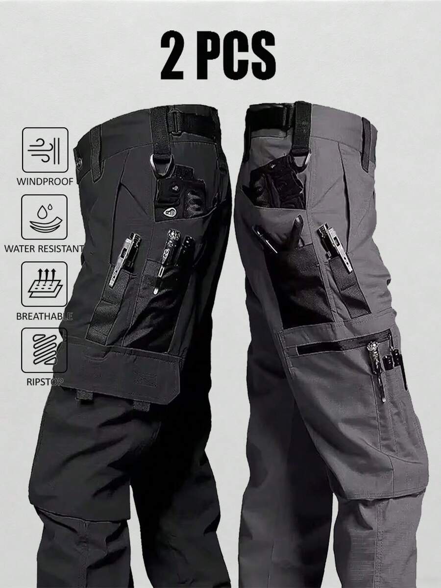 2Pcs Men's Solid & Camo Print Pockets Zipper Waterproof Tactical Cargo Pants Without Belt, Regular Fit Sporty Pockets Durability Trousers For Fall, Wear-Resistant Outdoor Training Pant For Men - Đen + Xám - Xem 1