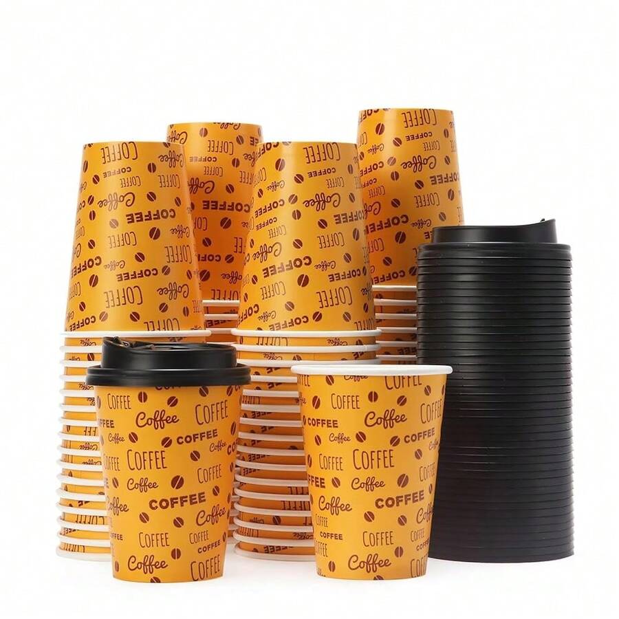100 PACK 12OZ Disposable Coffee Cups With Lids, To Go Coffee Cups With Lids Leak Proof, Coffee Bean Design Brown Paper Cups For Cold/Hot Beverage Chocolate Cocoass For Home Office - 黃色 - 查看 1