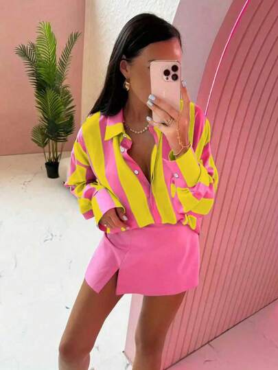 Women's Polyester Collared Shirt, Button Front, Striking Striped Pattern, Long Sleeve, Regular Length Party