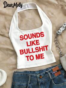 Graphic Halter Backless Sexy Women Tank Top, Fashionable Daily Wear For Spring/Summer Casual White - White - View 3