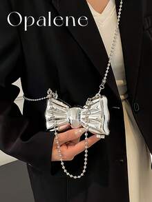 Bowknot Mini Evening Bag For Women, Acrylic Bow-Shaped Crossbody Chain Bag, Metallic Gold Lipstick Bag, Women's Stylish Lipstick Holder Shoulder Crossbody Bag, Suitable For Party, Date, Decorative Clutch, Coin Purse, Silver, Gold Earphone Case - 彩色 - 查看 2