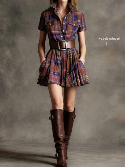 (Belt Not Included) Women's Summer Fashion Multi-Color Plaid Retro Dress, Extra-Large Skirt Design, Stylish Button Fitted Lapel Shirt Dress, Perfect Choice For Parties And Events