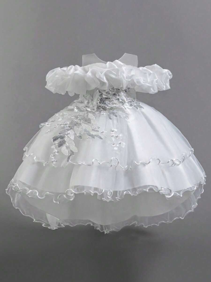 女童贴花薄纱优雅燕尾服公主裙，适合生日派对、宴会等场合，不含头饰 - 白色 - 查看 1