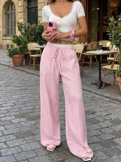 Summer Pink Woven Wide Leg Pants For Women, New Loose Waisted Slimming Straight Casual Long Trousers