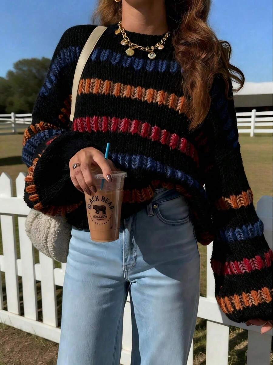 Plus-Size Colorful Striped Sweater, Women's Openwork Knit Sweater - 黑色 - 查看 1
