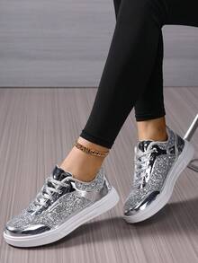 女士休闲亮片运动鞋，学生跑步鞋，闪亮亮片拼接女士休闲运动鞋，适合户外四季穿着，高性能运动鞋 - 銀色 - 查看 4
