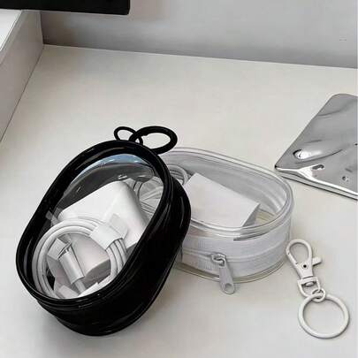 Set de 2 piezas (Negro y Blanco), Nuevo organizador de cables mini transparente, Estuche de almacenamiento de cables portátil con llavero cargador, Adecuado para uso diario y viajes