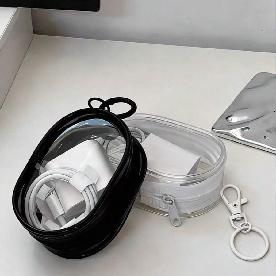 Bộ 2 chiếc (đen & trắng), Hộp đựng cáp mini trong suốt mới, Hộp đựng cáp du lịch di động kèm móc khóa sạc, Thích hợp sử dụng hàng ngày và du lịch, văn phòng phẩm, đồ dùng văn phòng, trang trí văn phòng - A - Xem 1