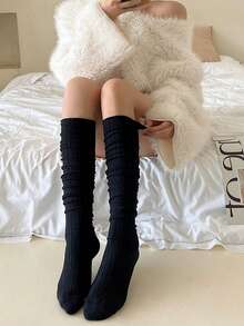 1 Pair Vertical Striped Thigh High Socks, Double Needle Knitted Long Stockings, Pair With Boots, Accentuate Leg Length, JK Style For Girls, Suitable For Daily Wear, Y2K Fashion, Comfortable And Warm - Double Needle Stacking Over the Knee - View 9