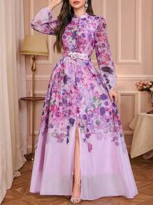Solessence Đầm midi tay đèn lồng họa tiết hoa thanh lịch cho nữ phong cách Ả Rập viền ngẫu nhiên - Màu tím - Xem 1