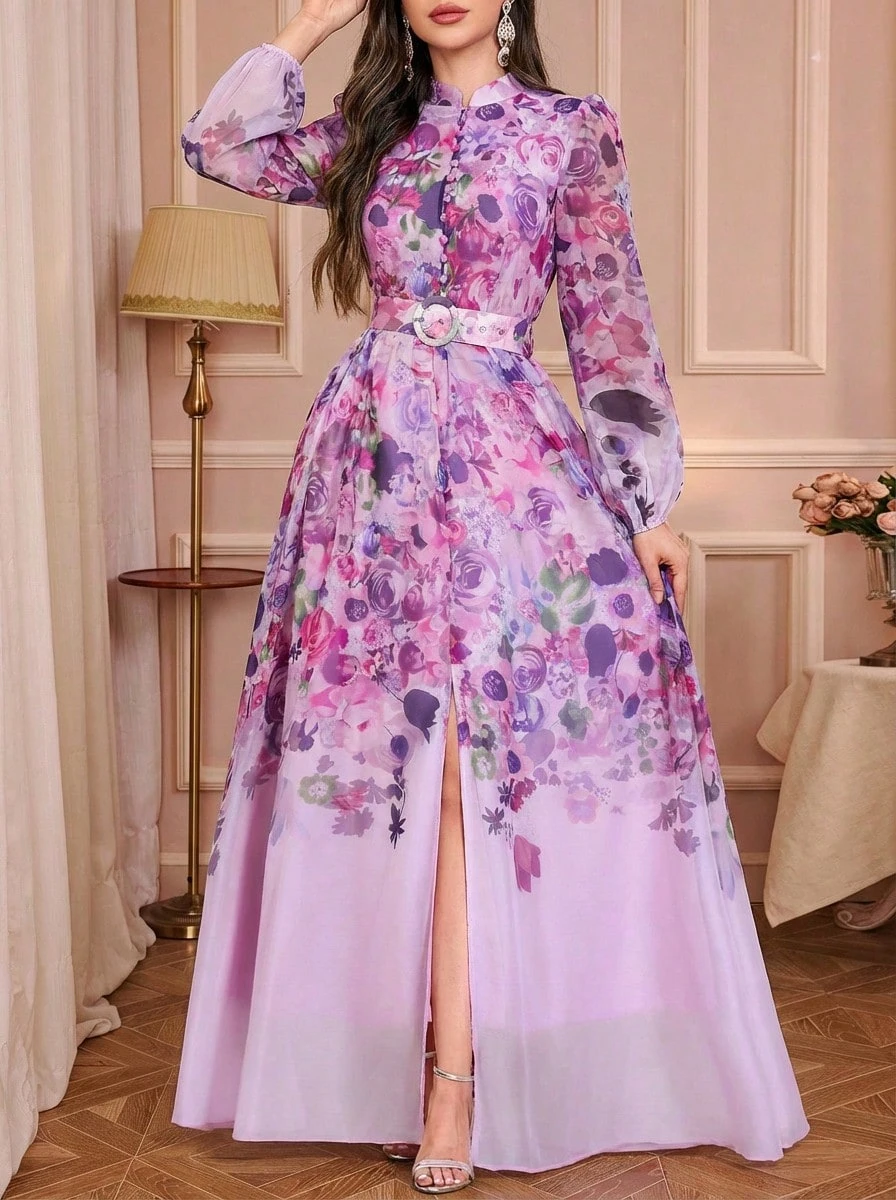 Solessence Đầm midi tay đèn lồng họa tiết hoa thanh lịch cho nữ phong cách Ả Rập viền ngẫu nhiên - Màu tím - Xem 1