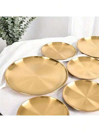 1 pieza Bandeja de acero inoxidable dorada para postre, café, plato occidental, plato de pizza, plato de comida para desayuno, café, té, bandeja decorativa dorada para servir, regalo de cumpleaños, suministros para fiestas de Acción de Gracias, Pascua, Navidad (Dorado), Cocina, Regalo de Navidad