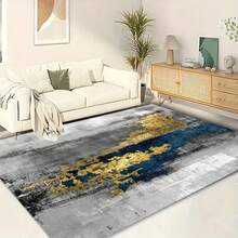 1pc 850g/㎡ Crystal Velvet Area Rug, Modern Dual-Tone Blue And Gold Abstract Design, High-End Artistic Printed Carpet - Premium - View 7
