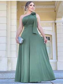 Long Dress With No Sleeves And Flower Solid Color Fashion Prom Party Elegant Women's - 橄欖綠 - 查看 1