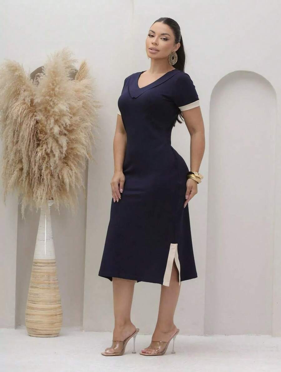 Women's Midi Dress In Premium Two-Tone Fleece With V-Neck, Pockets, And Slit - Casual, Elegant, Modest Christian Evangelical Fashion - 藏蓝色 - 查看 1