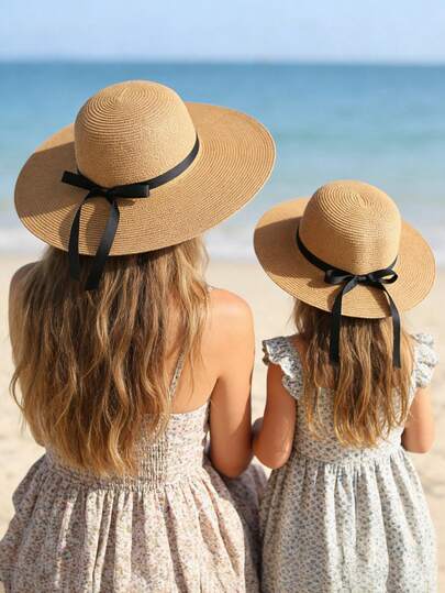 2pcs Mommy & Me Light Brown Wide Brim Straw Hats Breathable Lightweight Bowknot Decor Sun Protection For Beach Family Picnic Photo Shoot
