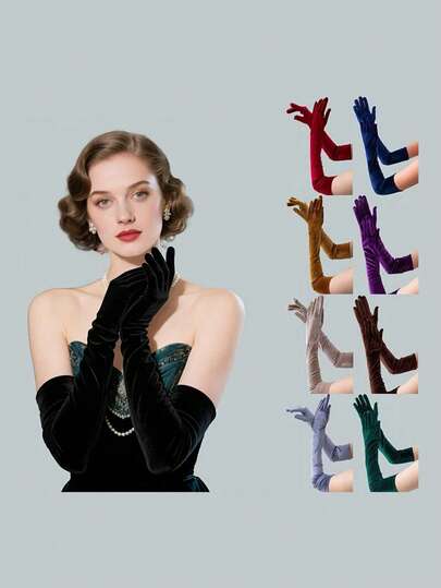 1 Pair Flocked Long Elbow Length Gloves, Suitable For Formal Parties
