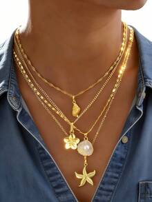 4件套 时尚优雅波西米亚海洋风人造珍珠、海星、贝壳、五瓣花吊坠Y型项链套装，个性甜美Y2K风格多层颈链，适合女性夏季海滩、派对、约会、送礼、日常佩戴 - 彩色 - 查看 1