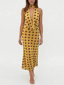 Vestido de mujer con cuello halter, cuello vuelto, estampado de lunares, con lazo en la espalda, vestido de fiesta y bufanda sin espalda, conjunto para club de playa, ropa de calle - Amarillo - Ver 3