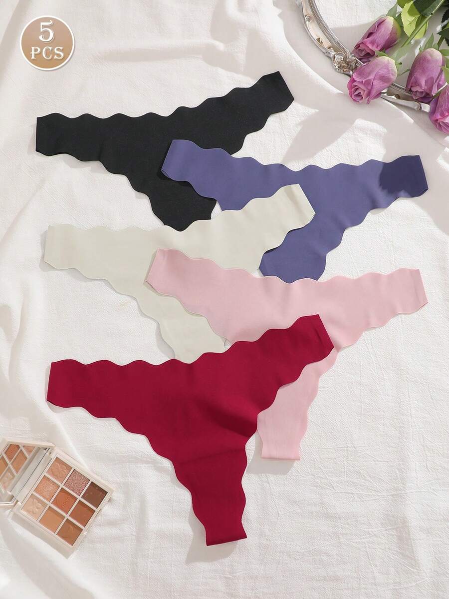5pcs V-Shape Waist Ripple Design Seamless Sexy Thong Panties For Women - Multicolor - View 1