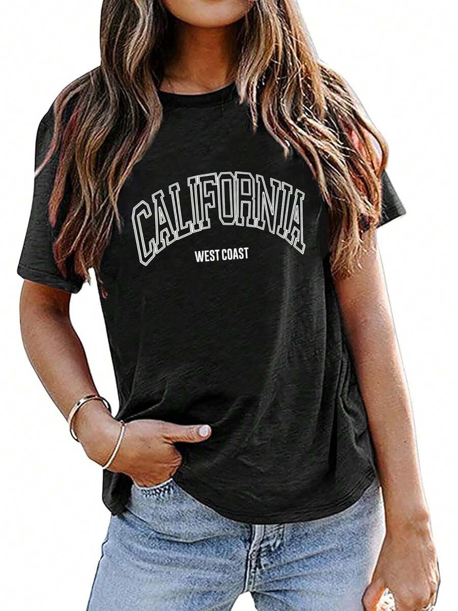 CaLiFoRNia WeST CoaST Letter Print Tee Top for Women Casual Wear, Perfect outfit - Negro - Ver 1