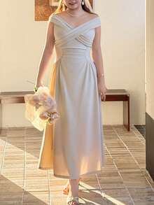 Vestido midi de talle fruncido con hombros descubiertos, silueta ajustada, estilo elegante de socialité francesa para mujer de talla grande, adecuado para eventos formales de primavera/otoño, bodas y fiestas de cumpleaños - Blanco - Ver 3