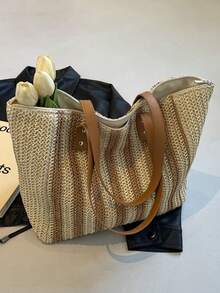 1pc New Women's Shoulder Tote Bag, Straw Craft Striped Pattern, Elegant Fashionable Versatile Casual Commute Gift, Large Capacity Stylish Bag - Khaki - View 7