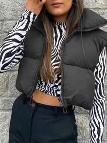Abrigo corto acolchado Chaqueta corta holgada de algodón negra para mujer, cálida y cómoda, adecuada para uso diario en invierno. - Negro - Ver 2