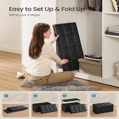 MAZIE Collection 30 Inches Folding Storage Ottoman Bench, Ottoman With Storage, Foot Rest Stool, Load 660 Lb, For Living Room, Synthetic Leather, Black ULSF105