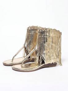 Gold Tassel Women's Bohemian Style Chunky Heel Round Toe Sandals, Versatile Comfortable Casual/Work Wear Shoes For Spring & Summer,Flip Flops - Gold - View 3