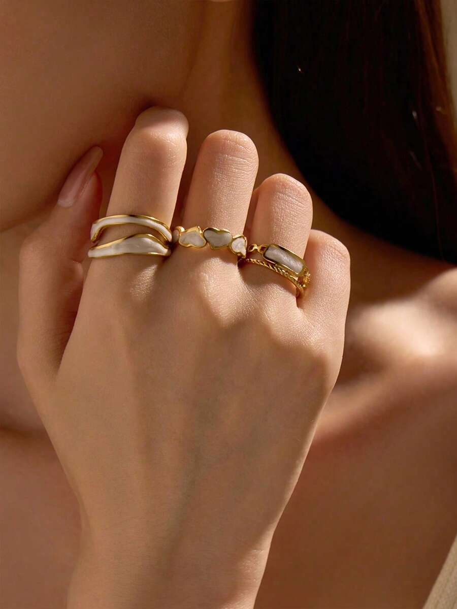 3 chiếc nhẫn vàng bằng thép không gỉ, thiết kế thời trang, họa tiết giọt dầu trắng, 3 kiểu dáng khác nhau, thích hợp để đeo hàng ngày hoặc làm quà tặng. - Vàng - Xem 1