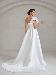 Faeriesty Vestido asimétrico de línea A con un hombro y volantes, diseño de abertura alta, tela de satén lujosa - Perfecto para ceremonias de boda, galas formales, sesiones de fotos nupciales, eventos de destino y recepciones elegantes. - Blanco - Ver 2