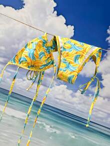 两件套女士水果印花波西米亚风比基尼套装，可爱露背系带上衣和侧系带三角泳裤，适合度假/海滩穿着 - 藍色 - 查看 10