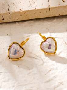 一对可爱甜美的心形仿珍珠耳坠，18K镀金不锈钢材质，女士通勤、约会、派对配饰、节日礼物 - 愛心 - 查看 6