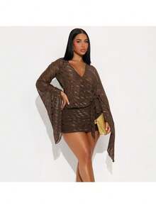 Fashion Women's Wave V-Neck Horn Long Sleeve Halter Hip Wrap Sexy Dress - 棕色 - 查看 4