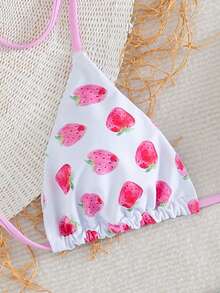 Bộ bikini nữ, 2 mảnh, họa tiết dâu tây, áo ngực tam giác và quần buộc dây bên hông, đồ đi biển mùa hè dễ thương cho kỳ nghỉ. - Nhiều màu - Xem 6
