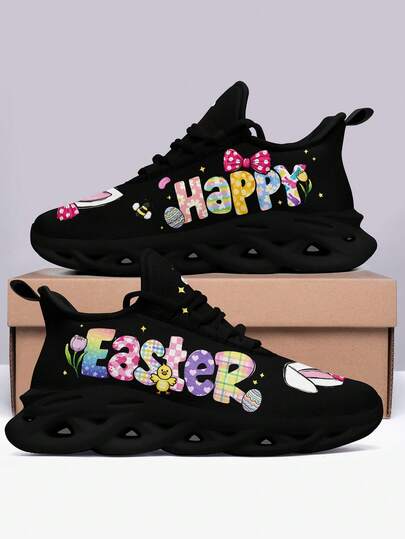 Happy Easter Women's Soft Sole Sneakers, Lightweight Breathable Comfortable Low Top Lace Up Shoes, PLUS SIZE Unisex Fashion Outdoor Shoes