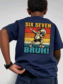 Camiseta de cuello redondo de manga corta con estampado informal para niños preadolescentes, top de verano - Azul Marino - Ver 9