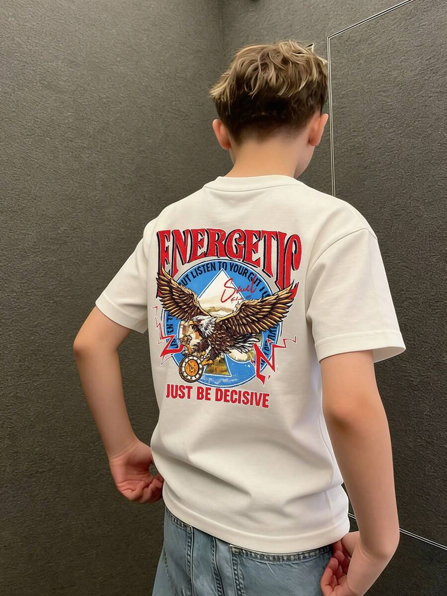 Tween Boys Casual Printed Crew Neck Short Sleeve T-Shirt, Summer Top - Apricot - View 1