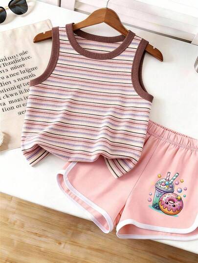 2pcs/Set Girls' Striped Background & Donut Print Sports Shorts, Comfortable & Breathable For Summer