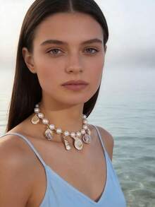 imoli 1pc Bohemian Style Resin Beaded Seashell Pendant Necklace, Jewelry Gift Suitable For Beach Vacation - 29132-g - View 3