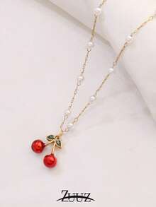 1pc Fashion Stainless Steel Cherry Charm Pearl Chain Necklace For Women Choker Necklaces Female Jewelry Best Friends Gifts - necklace - View 3