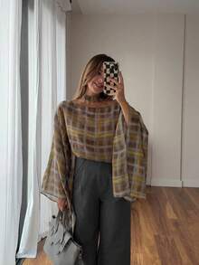 Women's Vintage Plaid Shawl For Fall, Versatile Casual Commuter Style For School, Daily Wear & Homecoming - Mustard Yellow - View 2