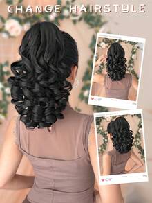 12 Inch Black Deep Wave Thermoplastic Fiber Synthetic Ponytail Hair Extension, Claw Design, Suitable For Women's Party And Daily Use - Black - View 9