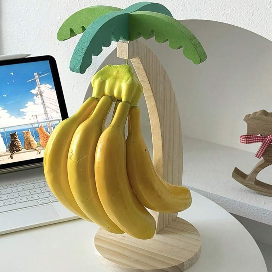 木制香蕉架，家用储物架，客厅水果收纳架，带人造叶片，立式水果架，多功能置物架 - 彩色 - 查看 1