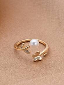 1pc 18K Gold Plated Natural Freshwater Pearl & Cubic Zirconia Adjustable Ring, Gift For Mother's Day, Valentine's Day, Birthday, Wedding, Bride - Butterfly - View 4
