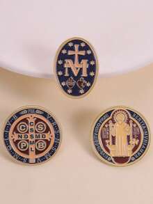 1/3pcs Catholic Faith Symbol Brooch, Zinc Alloy Enamel Material, Latin Prayer Text & Cross Icon Decor, Catholic Religious Theme Badge, Unisex Design, Religious Accessory Gift - Multicolor - View 2